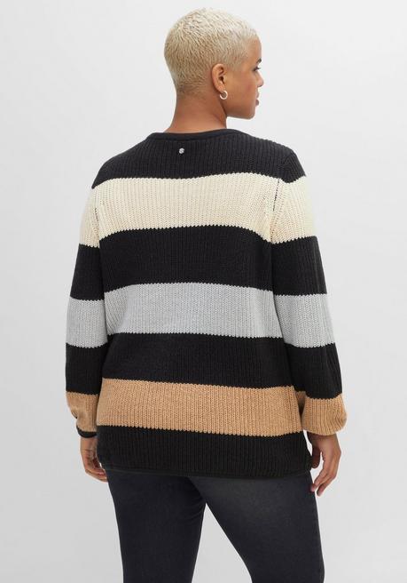Sheego Pullover Mit Blockstreifen, In Perlfangstruktur - Schwarz Gemustert Sheego