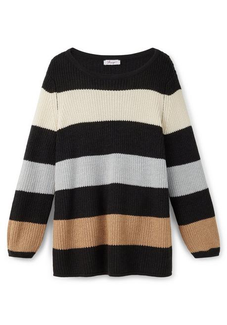 Sheego Pullover Mit Blockstreifen, In Perlfangstruktur - Schwarz Gemustert Sheego