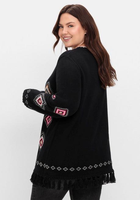 Sheego Pullover Mit Ethnomuster Und Fransen - Schwarz Gemustert Sheego
