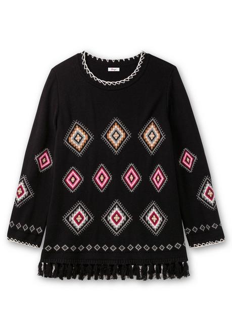 Sheego Pullover Mit Ethnomuster Und Fransen - Schwarz Gemustert Sheego
