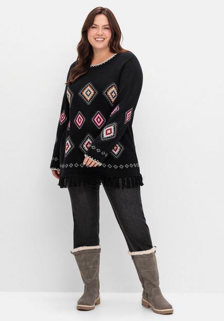 Sheego Pullover Mit Ethnomuster Und Fransen - Schwarz Gemustert Sheego