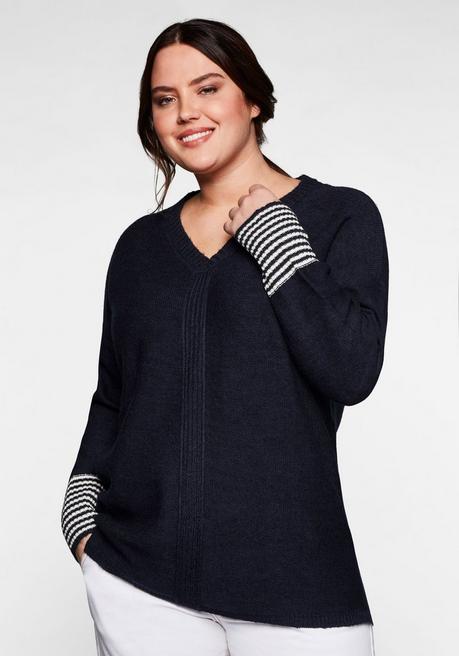 Sheego Pullover Mit Geringeltem Ärmelbündchen - Nachtblau Sheego