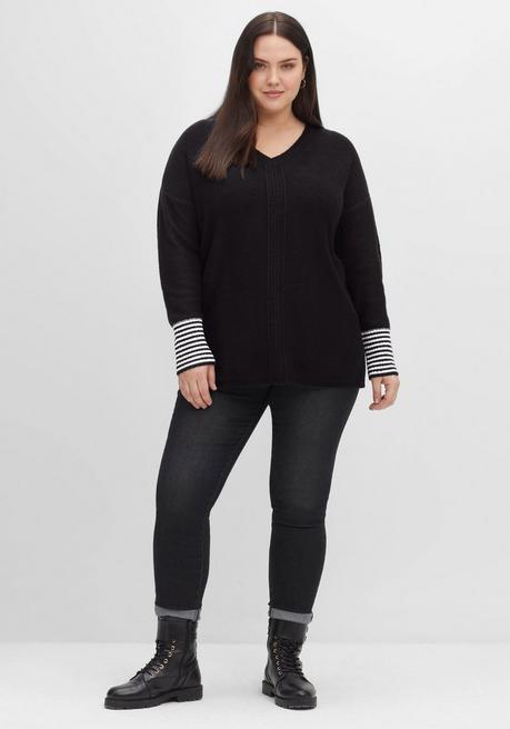 Sheego Pullover Mit Geringeltem Ärmelbündchen - Schwarz Sheego