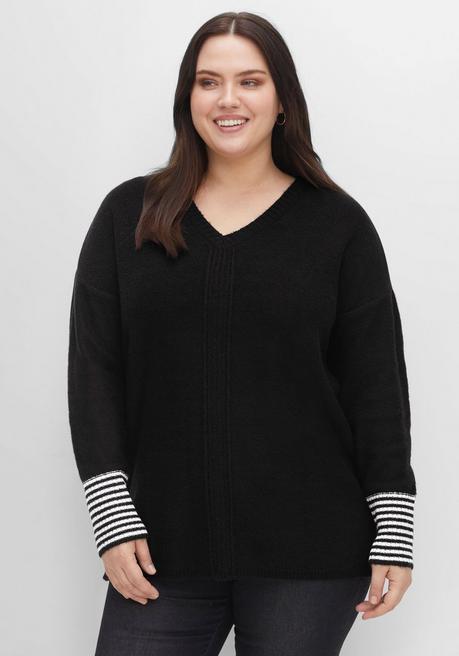 Sheego Pullover Mit Geringeltem Ärmelbündchen - Schwarz Sheego