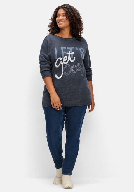 Sheego Pullover Mit Intarsien-Wording, Mit Kaschmiranteil - Nachtblau Meliert Sheego