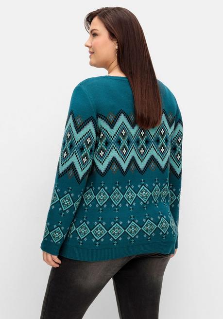 Sheego Pullover Mit Jacquard-Strickmuster - Dunkelpetrol Gemustert Sheego