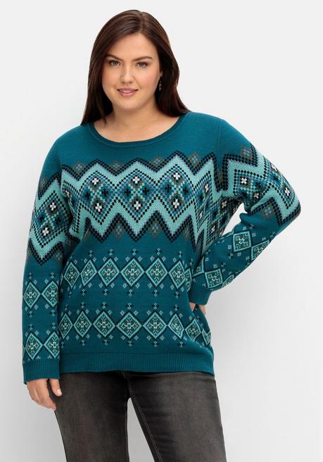 Sheego Pullover Mit Jacquard-Strickmuster - Dunkelpetrol Gemustert Sheego