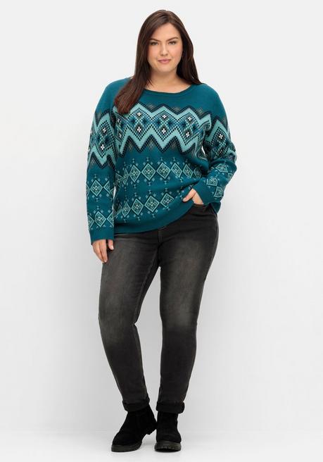 Sheego Pullover Mit Jacquard-Strickmuster - Dunkelpetrol Gemustert Sheego