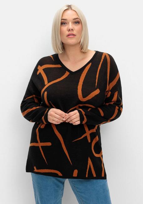 Sheego Pullover Mit Jacquard-Strickmuster - Schwarz Gemustert Sheego