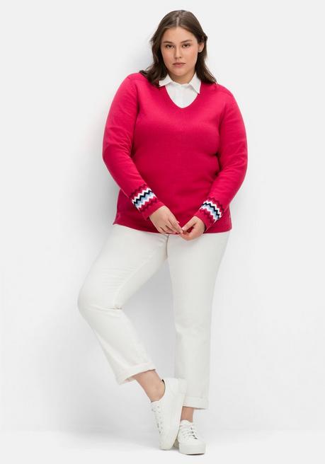 Sheego Pullover Mit Kontrastmuster Am Ärmelsaum - Orchidee Sheego