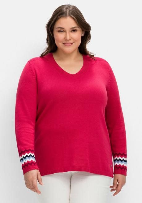 Sheego Pullover Mit Kontrastmuster Am Ärmelsaum - Orchidee Sheego