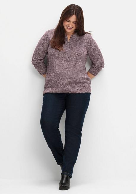 Sheego Pullover Mit Polokragen, In Melierter Optik - Bordeaux Meliert Sheego