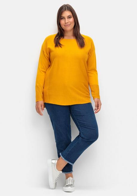 Sheego Pullover Mit Rundhalsausschnitt Und Ripp-Details - Curry Sheego