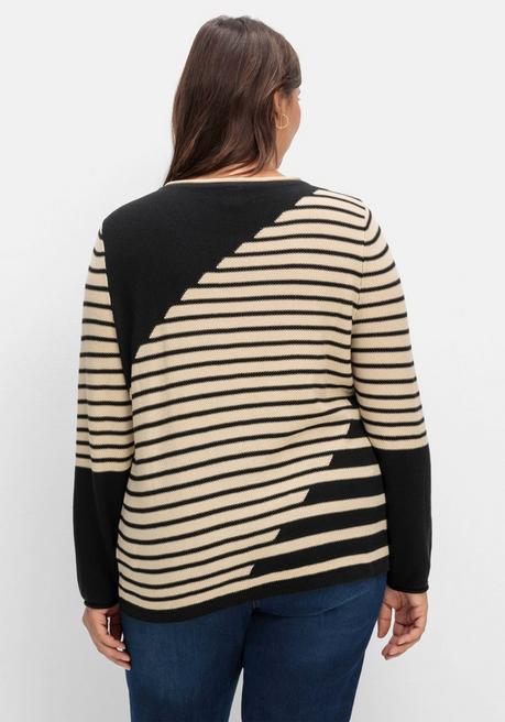 Sheego Pullover Mit Streifenmuster Und Ziersteinchen - Schwarz Gestreift Sheego