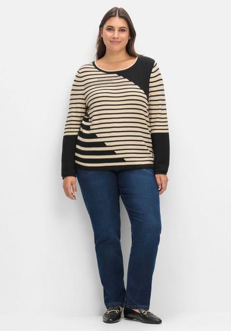 Sheego Pullover Mit Streifenmuster Und Ziersteinchen - Schwarz Gestreift Sheego