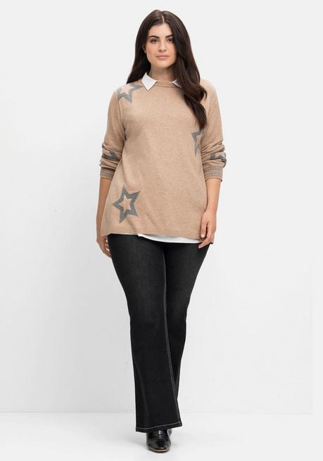 Sheego Pullover Mit U-Boot-Ausschnitt Und Stern-Intarsien - Beigefarben Meliert Sheego