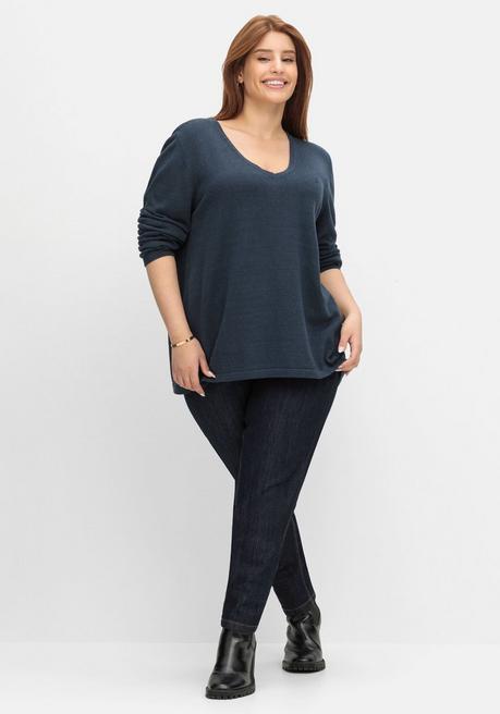 Sheego Pullover Mit V-Ausschnitt, In Petite Passform - Nachtblau Sheego
