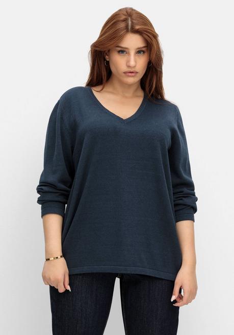 Sheego Pullover Mit V-Ausschnitt, In Petite Passform - Nachtblau Sheego