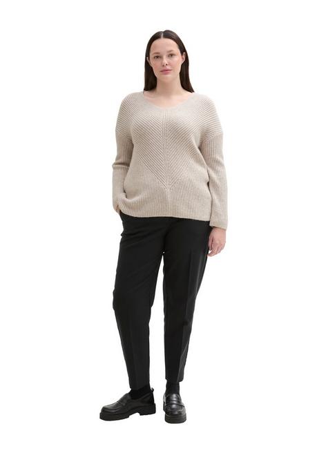 TOM TAILOR Plus Pullover Mit V-Ausschnitt, In Rippstruktur - Beigefarben Sheego