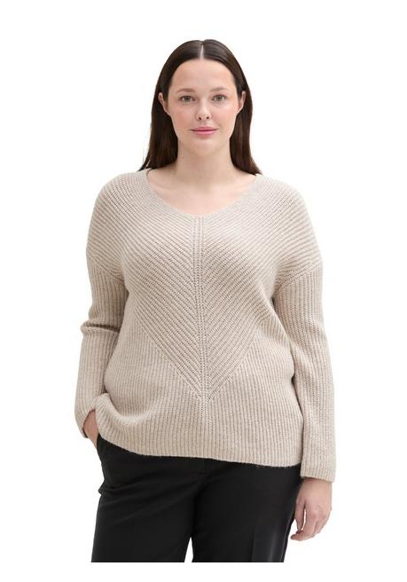 TOM TAILOR Plus Pullover Mit V-Ausschnitt, In Rippstruktur - Beigefarben Sheego