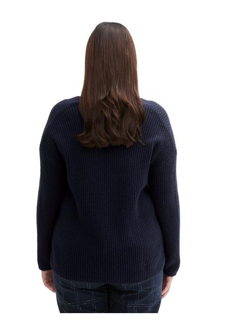 TOM TAILOR Plus Pullover Mit V-Ausschnitt, In Rippstruktur - Marine Sheego