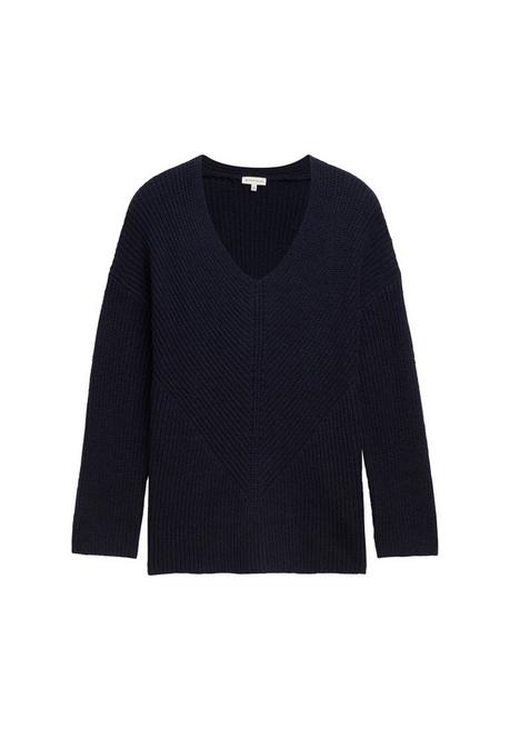TOM TAILOR Plus Pullover Mit V-Ausschnitt, In Rippstruktur - Marine Sheego