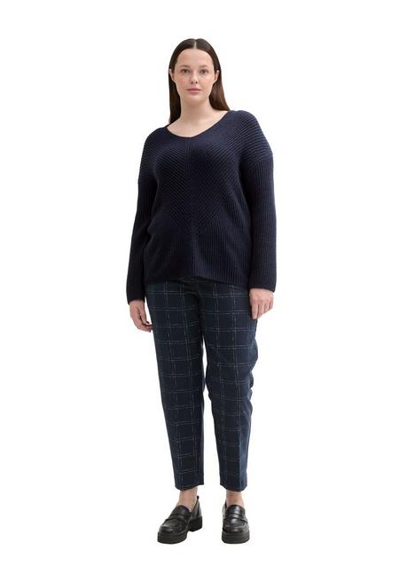 TOM TAILOR Plus Pullover Mit V-Ausschnitt, In Rippstruktur - Marine Sheego