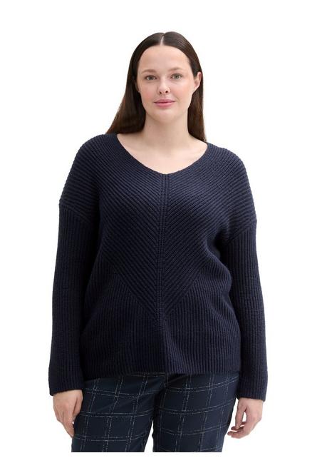 TOM TAILOR Plus Pullover Mit V-Ausschnitt, In Rippstruktur - Marine Sheego