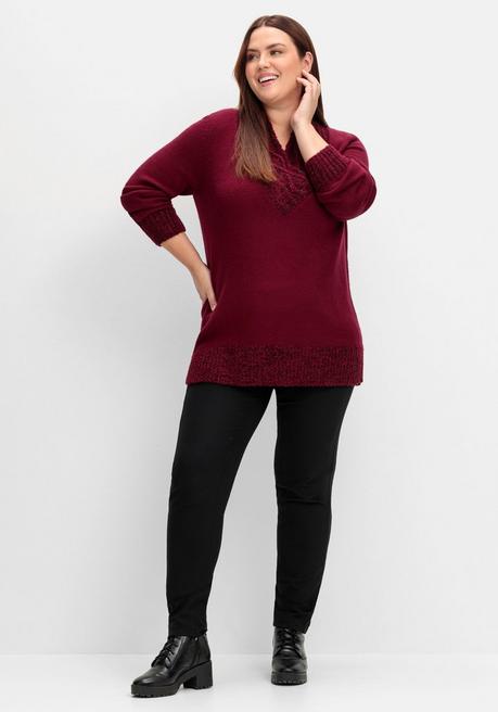 Sheego Pullover Mit V-Ausschnitt Und Bouclé-Details - Weinrot Meliert Sheego