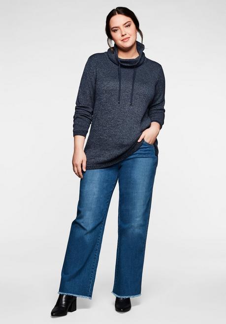 Sheego Pullover Mit Weitem Kragen, In Melierter Optik - Nachtblau Sheego