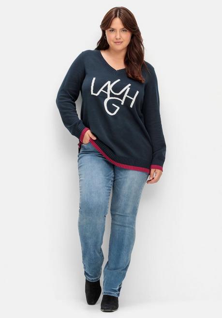 Sheego Pullover Mit Wording Im Intarsienstrick - Nachtblau Sheego