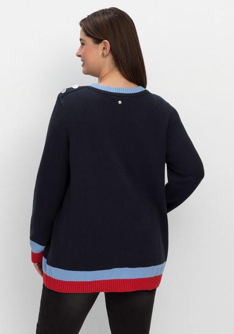 Sheego Pullover Mit Wording-Intarsien Und Zierknöpfen - Nachtblau Sheego