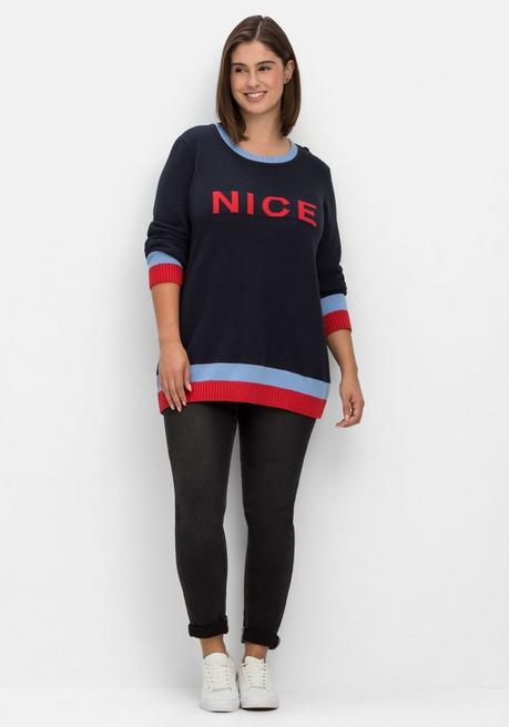 Sheego Pullover Mit Wording-Intarsien Und Zierknöpfen - Nachtblau Sheego