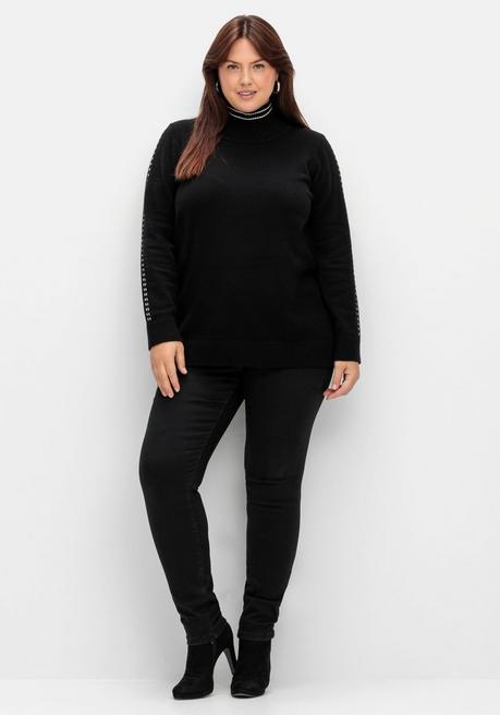 Sheego Pullover Mit Zierstichen Und Stehkragen - Schwarz Sheego