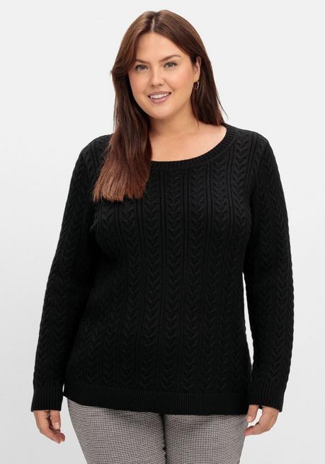 Sheego Pullover Mit Zopfmuster Und Rundhalsausschnitt - Schwarz Sheego