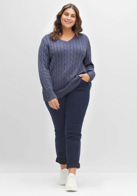 Sheego Pullover Mit Zopfmuster Und V-Ausschnitt - Indigo Sheego
