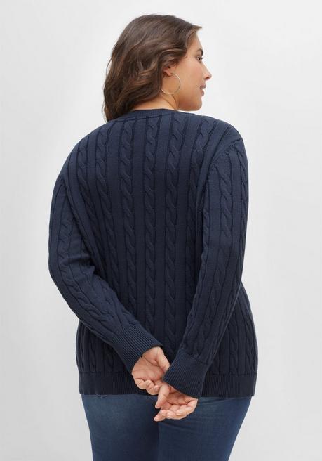 Sheego Pullover Mit Zopfmuster Und V-Ausschnitt - Nachtblau Sheego