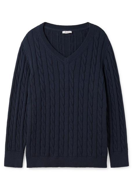 Sheego Pullover Mit Zopfmuster Und V-Ausschnitt - Nachtblau Sheego