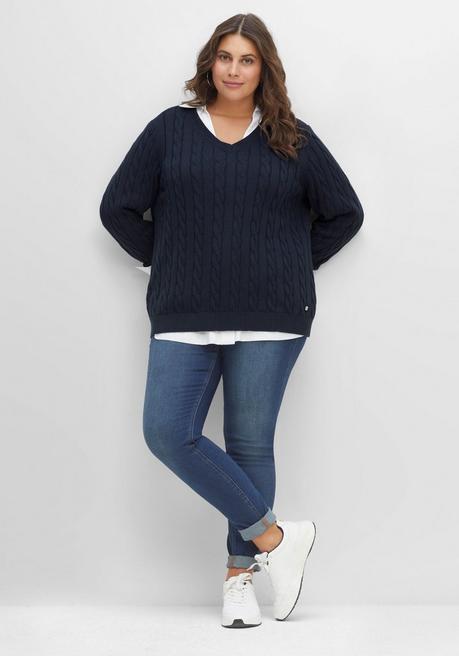Sheego Pullover Mit Zopfmuster Und V-Ausschnitt - Nachtblau Sheego
