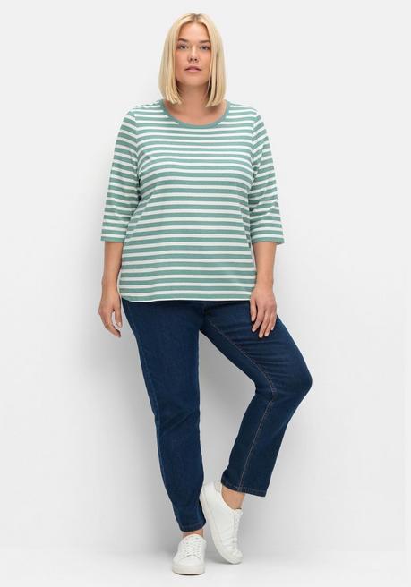 Sheego Ringelshirt Mit 3/4-Arm, Aus Reiner Baumwolle - Jade-offwhite Sheego