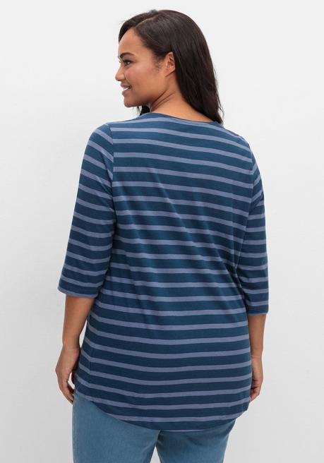 Sheego Ringelshirt Mit 3/4-Arm, Hinten Länger Als Vorn - Blau Gestreift Sheego