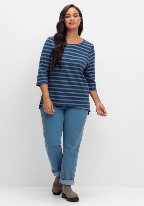 Sheego Ringelshirt Mit 3/4-Arm, Hinten Länger Als Vorn - Blau Gestreift Sheego