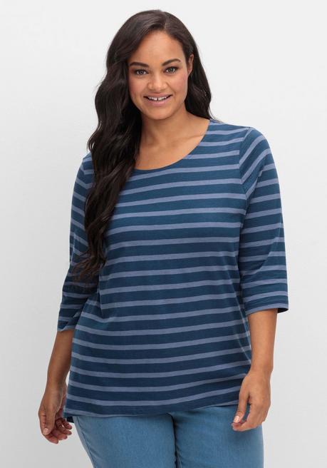 Sheego Ringelshirt Mit 3/4-Arm, Hinten Länger Als Vorn - Blau Gestreift Sheego