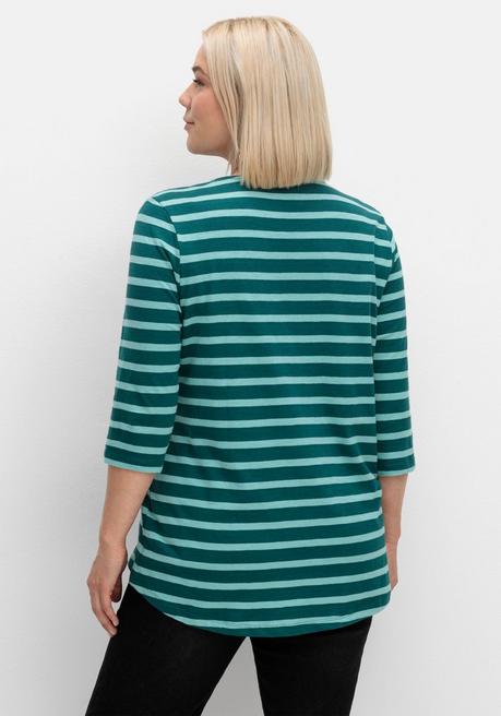 Sheego Ringelshirt Mit 3/4-Arm, Hinten Länger Als Vorn - Tiefgrün Gestreift Sheego