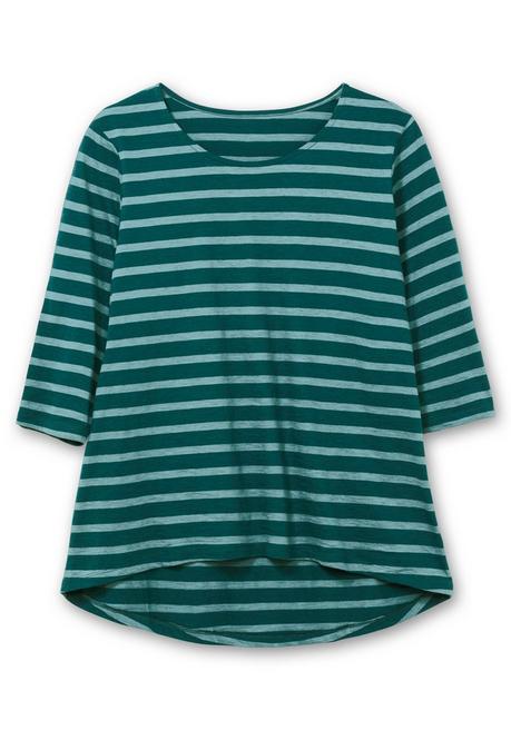 Sheego Ringelshirt Mit 3/4-Arm, Hinten Länger Als Vorn - Tiefgrün Gestreift Sheego