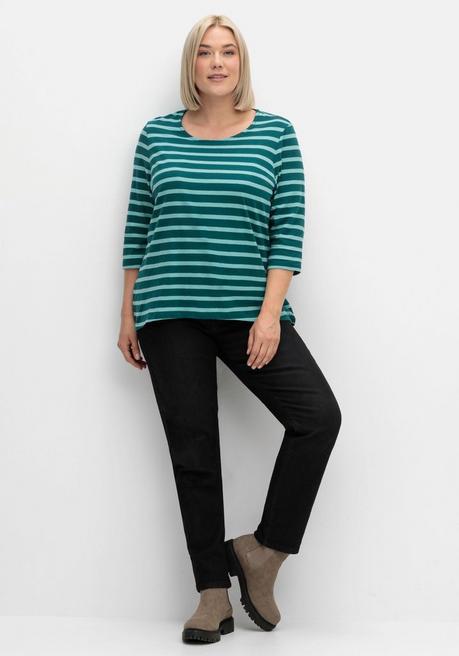 Sheego Ringelshirt Mit 3/4-Arm, Hinten Länger Als Vorn - Tiefgrün Gestreift Sheego