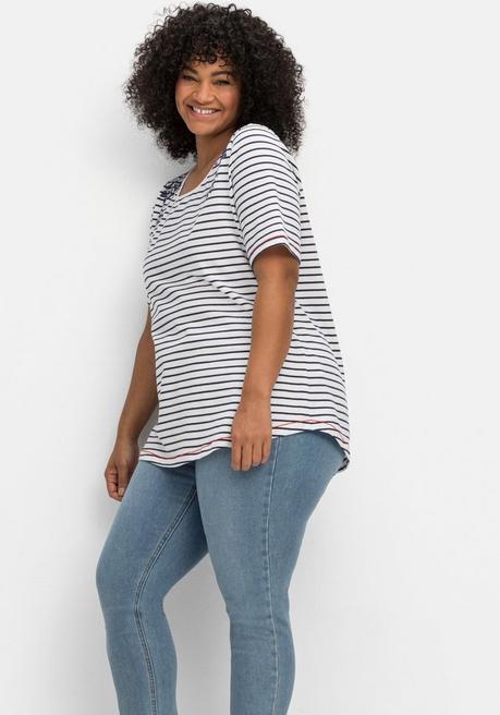 Sheego By Joe Browns Ringelshirt Mit Floralem Druck Und Kontrastnähten - Weiß Gestreift Sheego