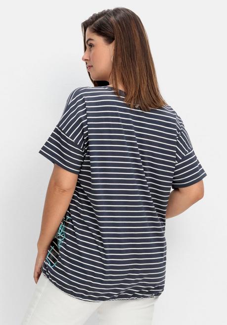 Sheego Ringelshirt Mit Saum-Bindeband Und Druck Seitlich - Nachtblau Gestreift Sheego