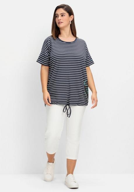 Sheego Ringelshirt Mit Saum-Bindeband Und Druck Seitlich - Nachtblau Gestreift Sheego