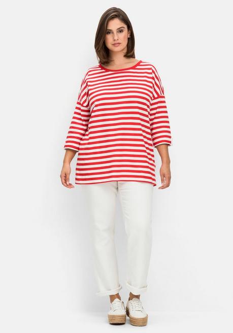 Sheego Ringelshirt Mit überschnittenen Schultern - Mohnrot-offwhite Sheego